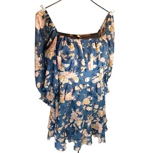 Exlura Square Neck Blue Sheer Floral Print Puff Sleeve Mini Dress Size Medium